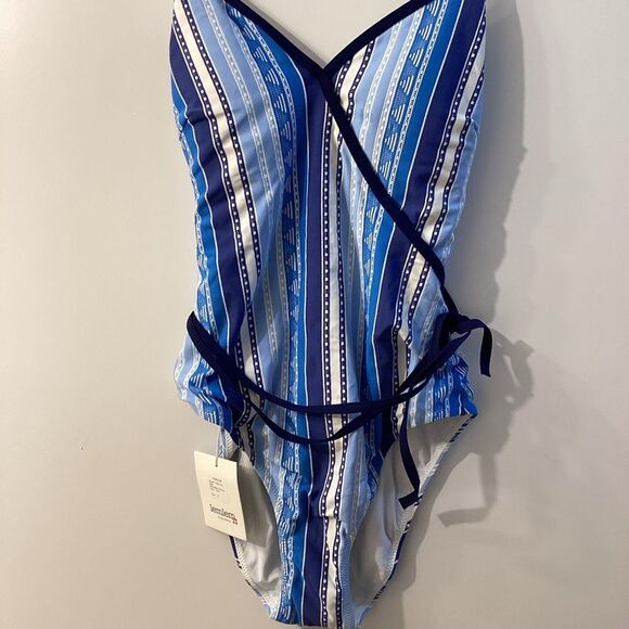 Lemlem Eshal Wrap Effect Stretch Jacquard Swimsuit Blue Striped Swimsuit - Picture 9 of 15